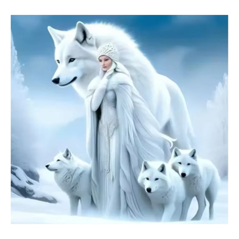 Diamond Art Kits For Beginners, Girl And White Wolf  5D Diamond Painting Kits For Adults, DIY Crystal Rhinestone Wall Art