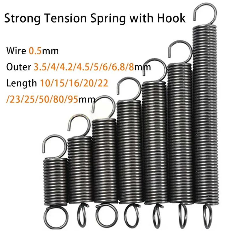 

10pcs Strong Tension Spring with Single Hook,Spring Steel,Wire 0.5Mm,Outer 3.5-8Mm,Length 10-95Mm,Support Customization