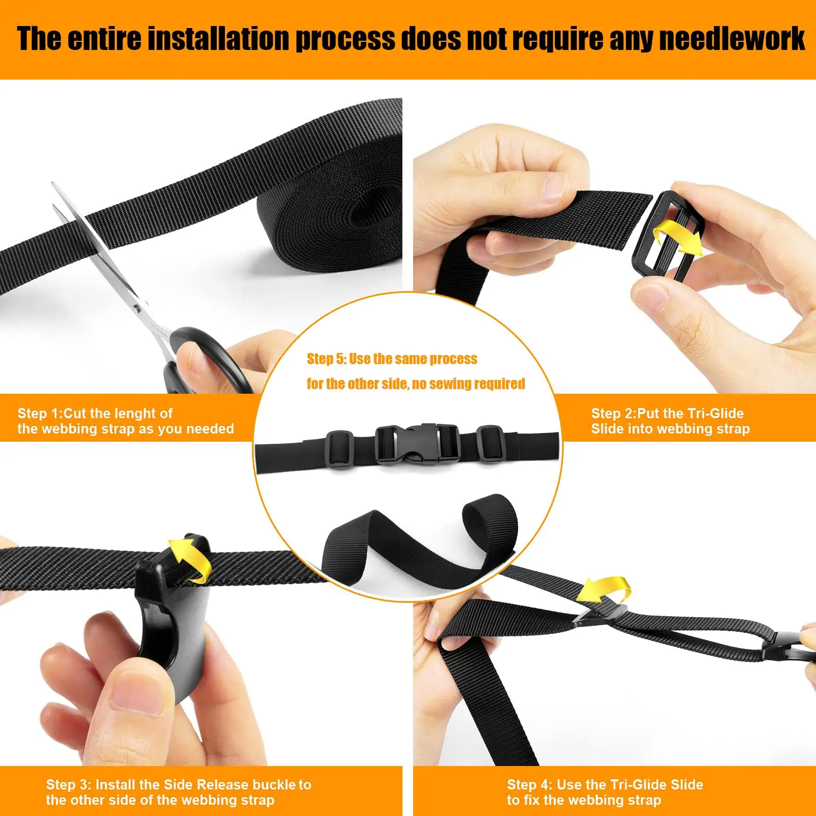 مجموعة حزام بإبزيم مقاس 1 بوصة: حزام نايلون سميك بطول 10 ياردات، 10 مجموعات من أبازيم بلاستيكية سريعة الإصدار، 20 مشبك منزلق ثلاثي الإنزلاق #3