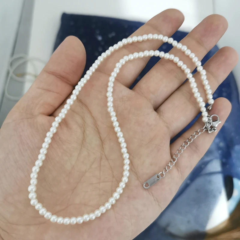 4mm Glas-Imitationsperlen-Halskette für Damen und Herren, Basis-Choker mit Edelstahlverschluss, Verlängerung 40cm+5cm, Weiß, Großhandel, Mode, Maßanfertigung – Detail 3