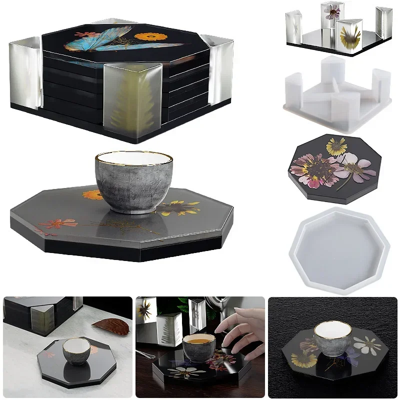 Coaster Set Silicone Mold DIY Crystal Epoxy Resin Gypsum Coaster Round Square Octagon Coaster Bracket Mould Resin Mirror Molds