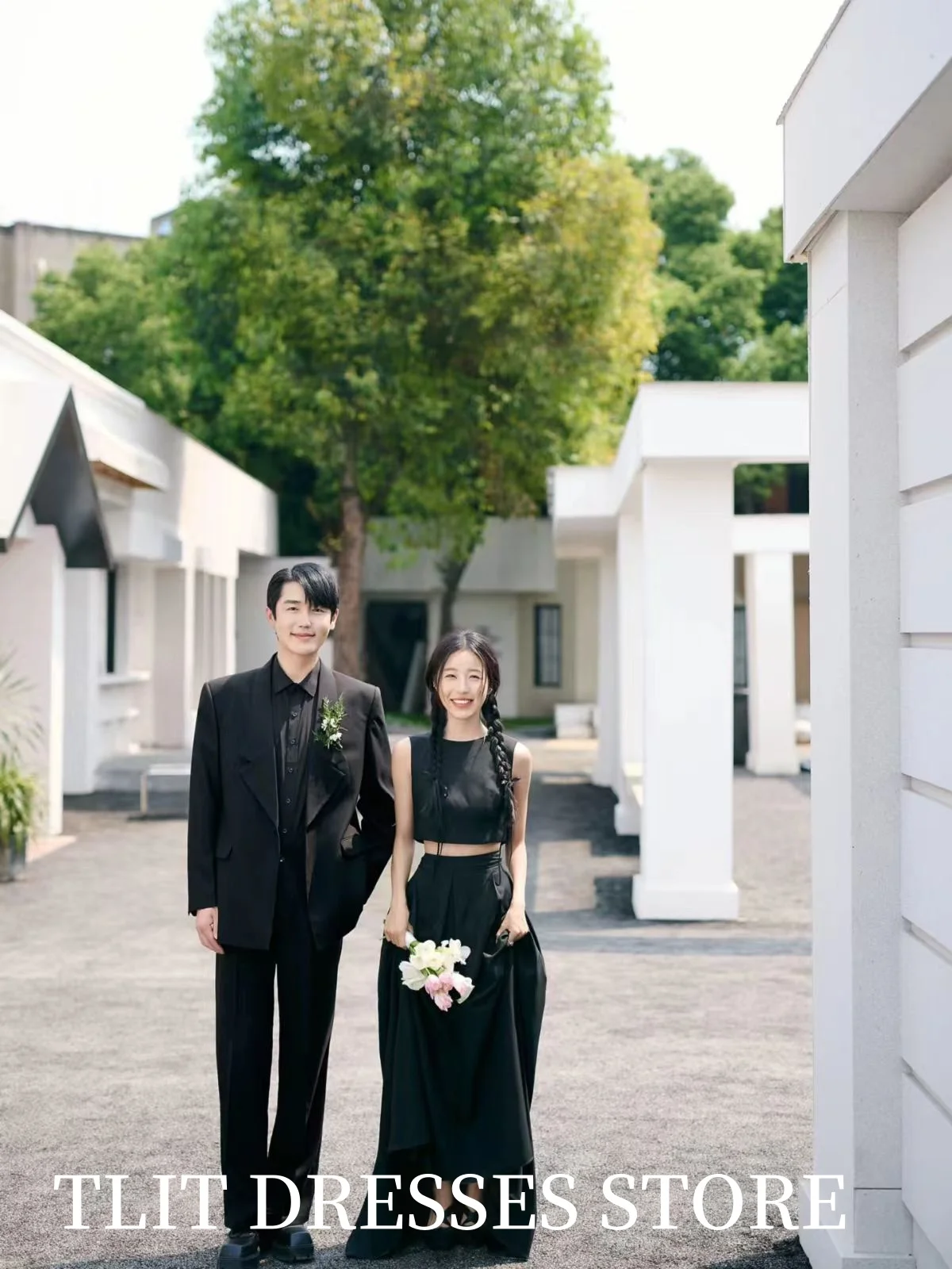 TLIT Simple Black Two-Piece Satin Evening Dress Korea Wedding Dress Photo Shoot Strapless Prom Gowns Customized HI-LO Gowns