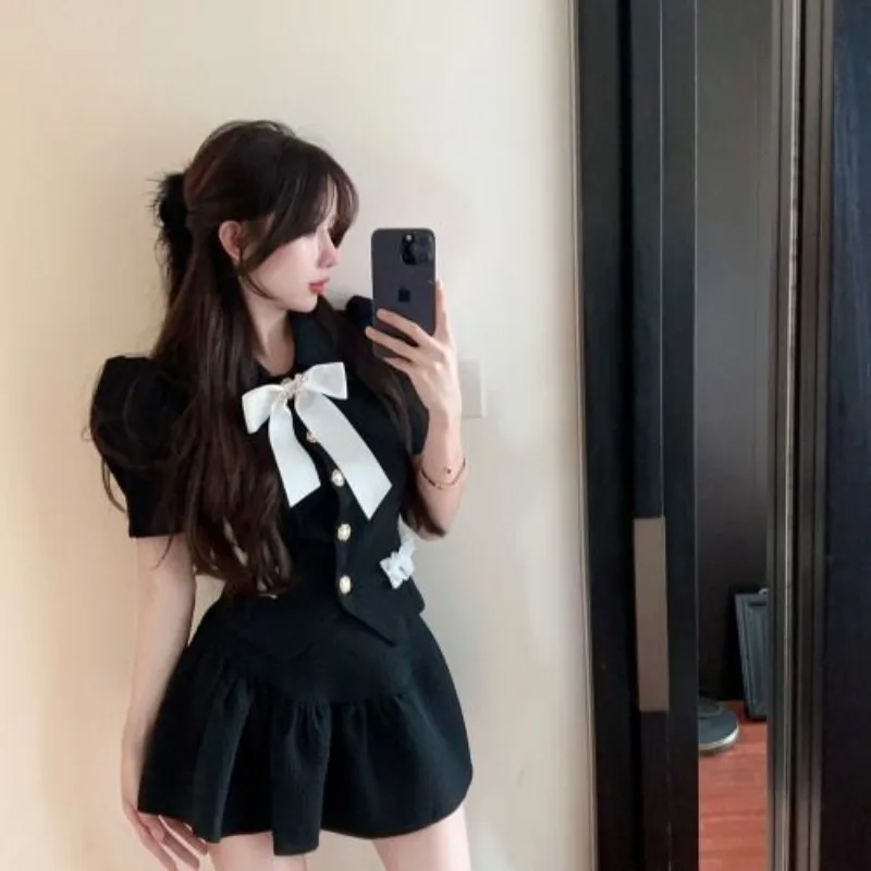 Summer New Advanced Sense of Temperament Bubble Sleeve Top High Waist Skirt Female Small Fragrance Wind Two Sets Skirt Female