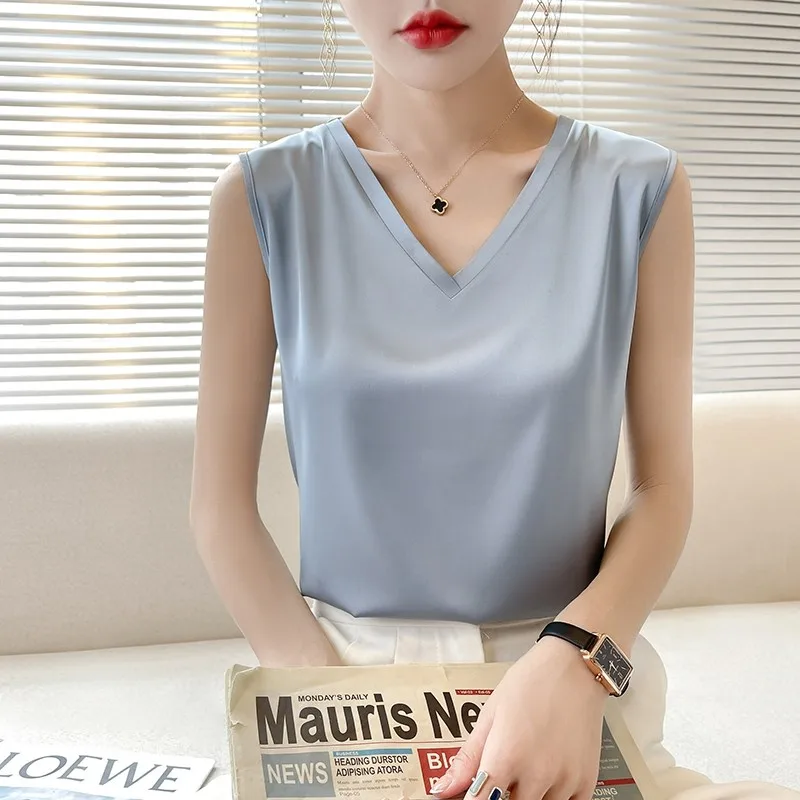 Spring Summer New Arrival V-Neck Silk Satin Vest Sleeveless Top Women's Business Casual Wear Outerwear Regular Length Single ...
