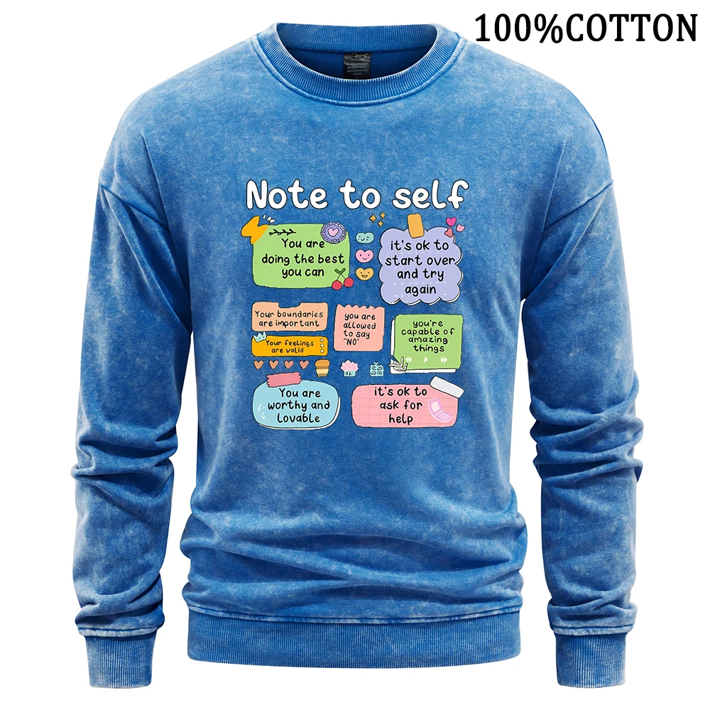 Note To Self Letter Man Sweatshirt Retro Washed Hoodie Men British Style Cotton Hoodies Flexible Crewneck Sweatshirts Clothing