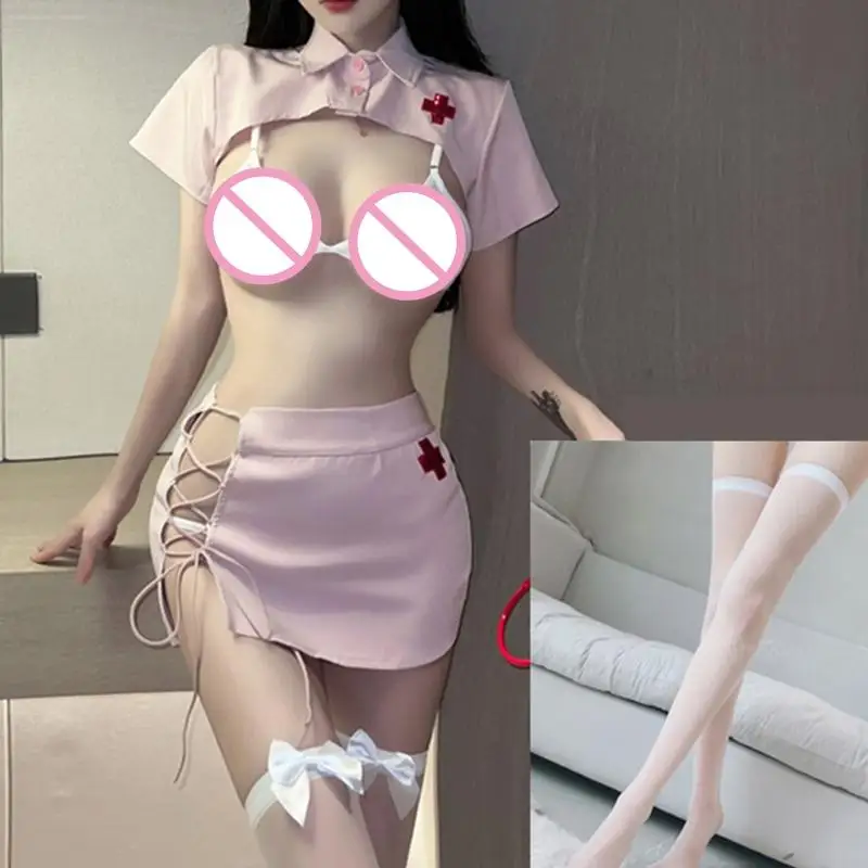 

Womens Nurse Uniform Lingerie Sexy Naughty Nurse Hat Headband Shurgs Crosses Bra Thong Panties Hollow Strappy Mini Skirt