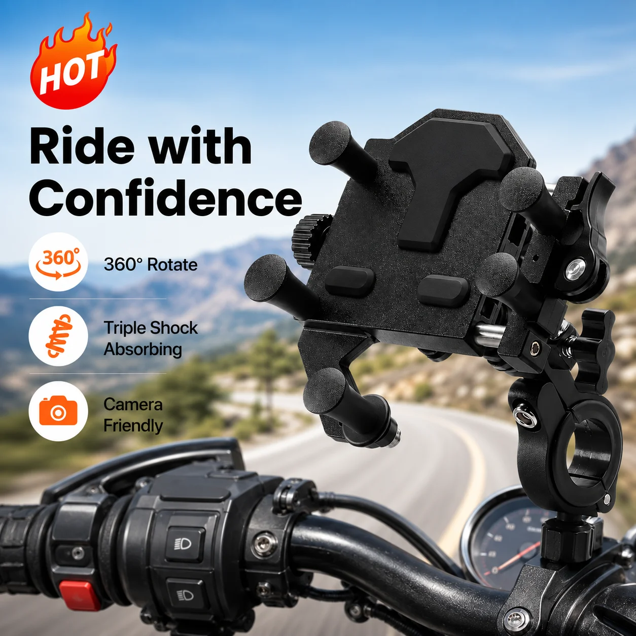 Aluminum Alloy Motorcycle Phone Holder 360° Rotating Triple Shock Absorbing Handlebar Clamp GPS Navigation Mount