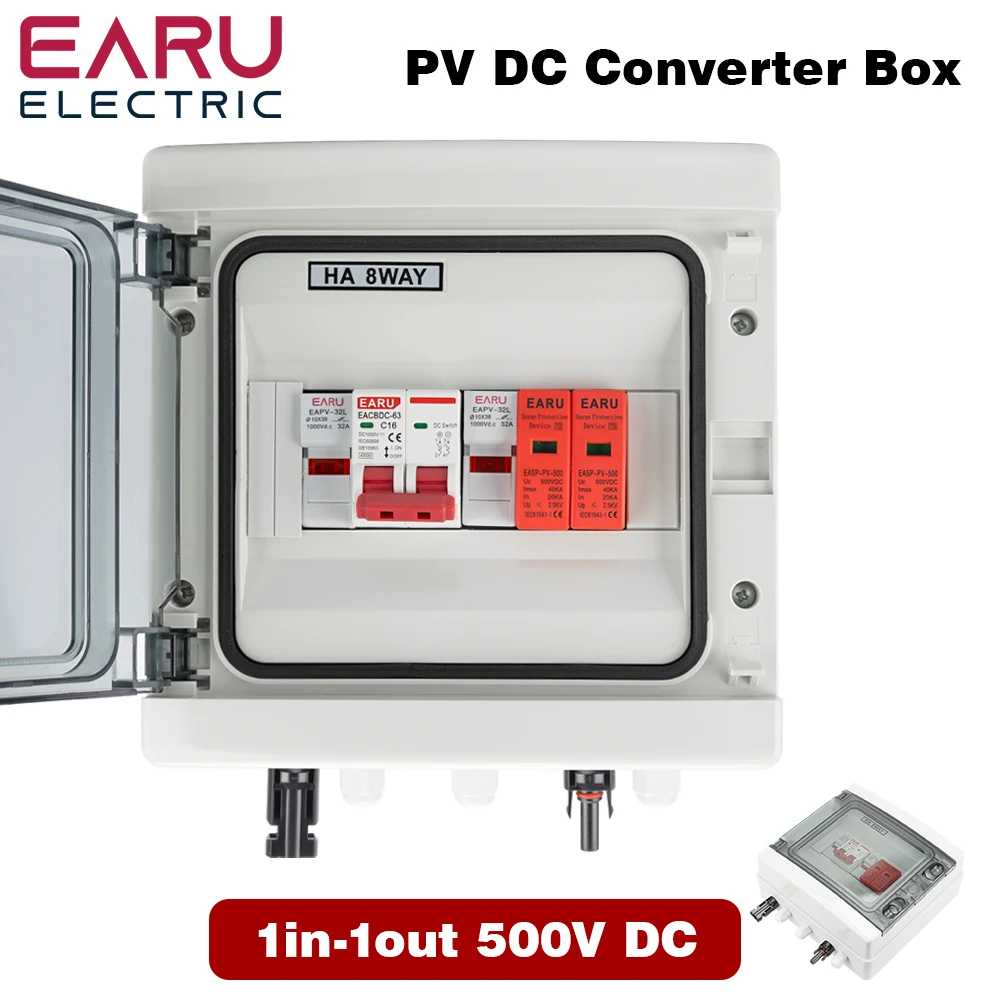 

Solar Photovoltaic PV Combiner Box With Lightning Protection 1 Input 1 Out DC 500V 15A Fuse MCB SPD Waterproof Box IP65 HA 8WAY