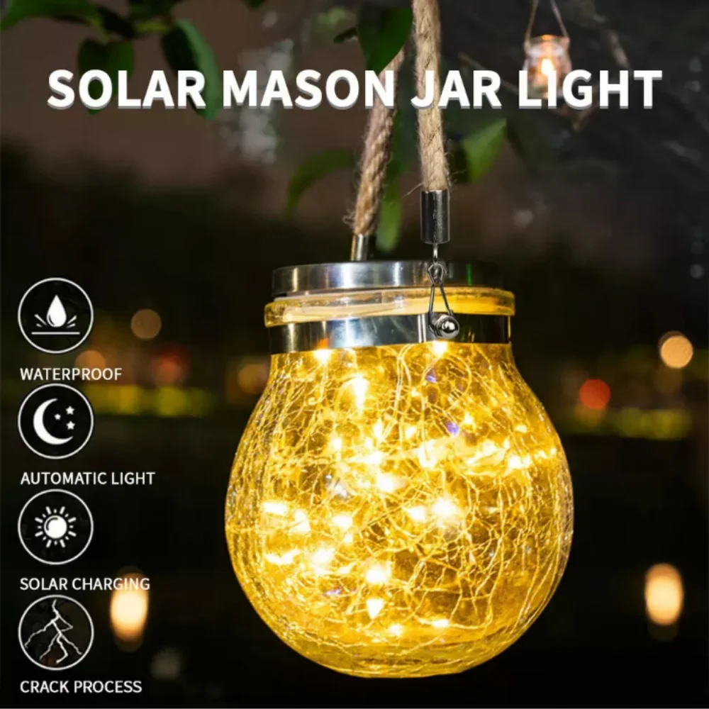 

Crackle Glass Globe LED Waterproof Hanging Solar Lights Jar Light for Patio Yard Fence Post Deck Garden Decor Outdoor