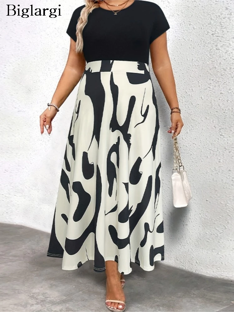 

Летнее платье больших размеров, женское тонкое платье с высокой талией, модный принт, лоскутное плиссированное женское платье с рюшами, свободное повседневное женское платье