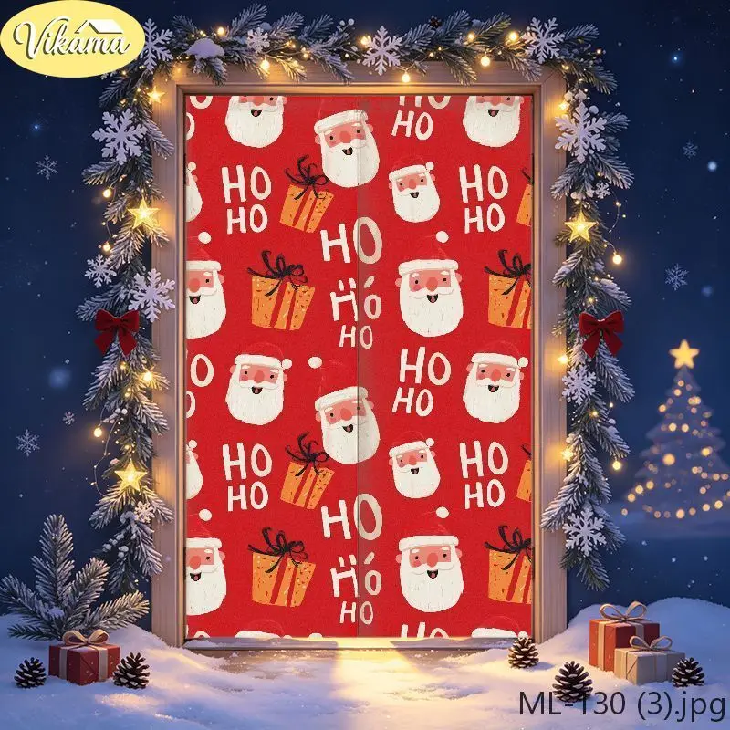 VIKAMA Christmas Door Curtain Snowy Cabin Snowman Christmas Tree Lights Door Hanging Home Winter Holiday Decor