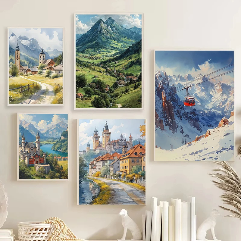 العمارة الألمانية المائية طباعة فنية ، بافاريا سيتي سكيب اللوحة المشارك قماش ميونيخ Garmisch أوغسبورغ ديكور جدران المنزل هدية #1