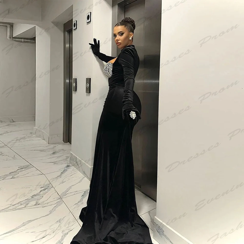 Elegant Mermaid Luxury Evening Dresses Gorgeous Satin Sexy High Necked Long Sleeve Simple Slimming Mopping Customized Prom Gowns