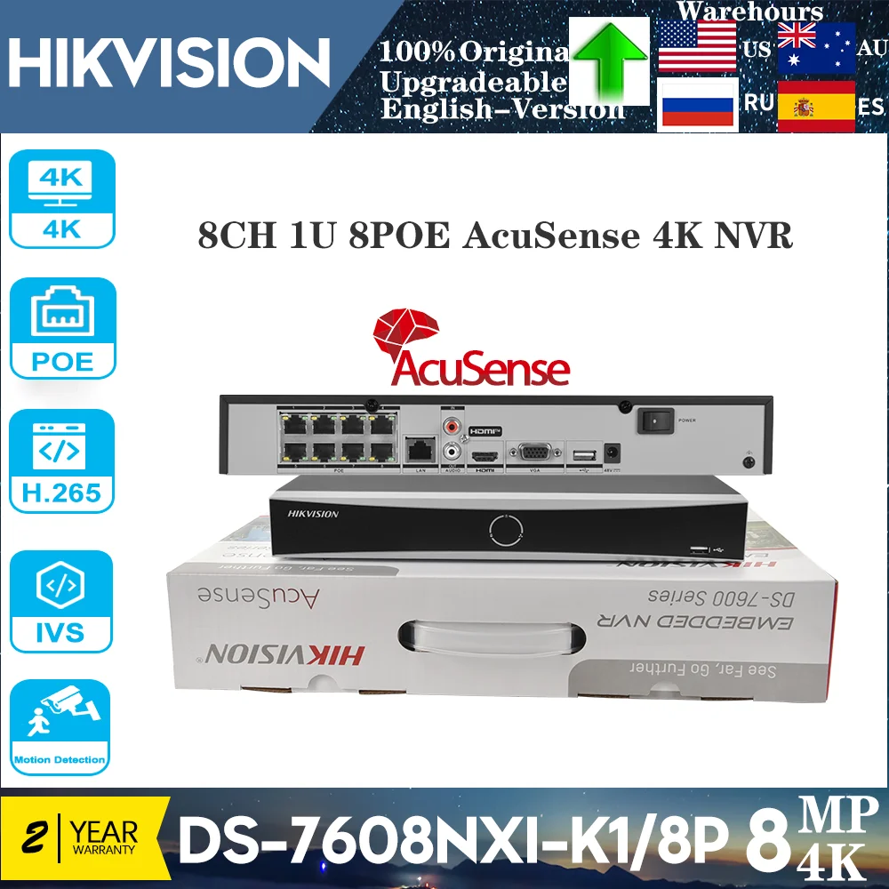 

Hikvision DS-7608NXI-K1/8P 8CH 1U POE AcuSense 4K NVR Facial Recognition Smart Playback CCTV Surveillance Video Network Recorder