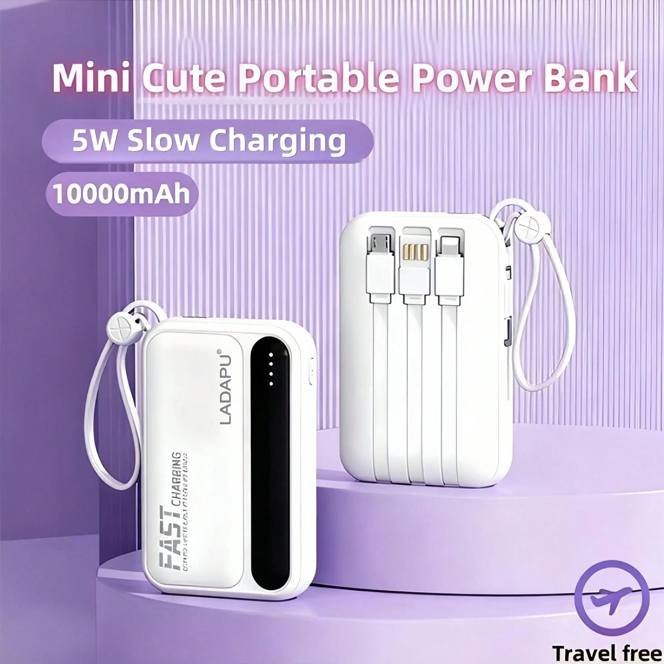 LADAPU 10000mAh Mini Cute 5W Super Fast Charging Power Bank, Small Size Large Capacity, Rechargeable Portable Mobile Phone Charger, Built-In 4 Cables, Outdoor Travel Battery Packs, LED Digital Display, Micro Interface, USB-C Input