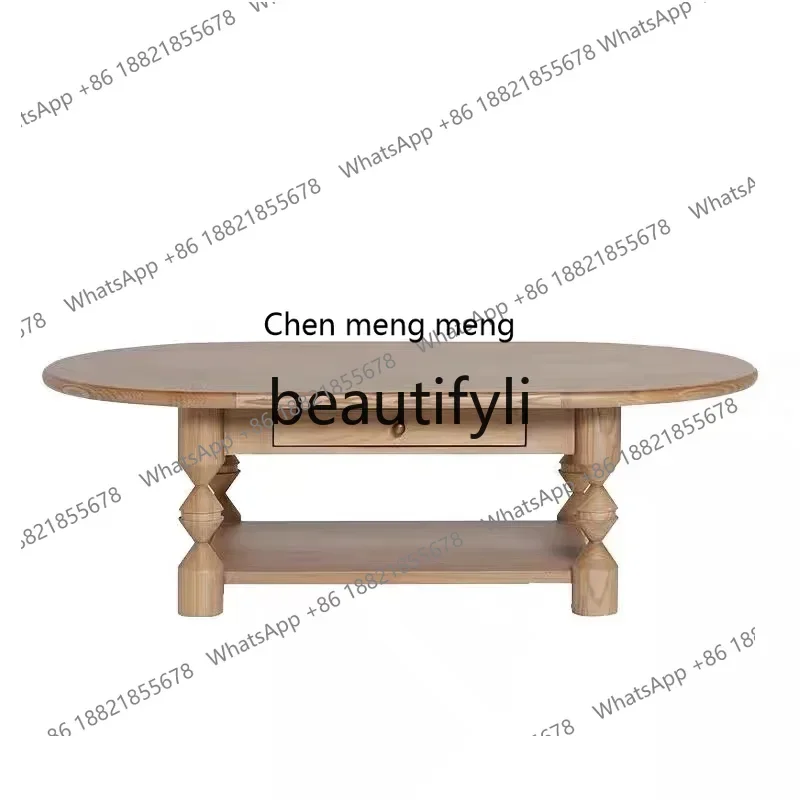 Log color old coffee table oval solid wood coffee table French retro living room small tea table