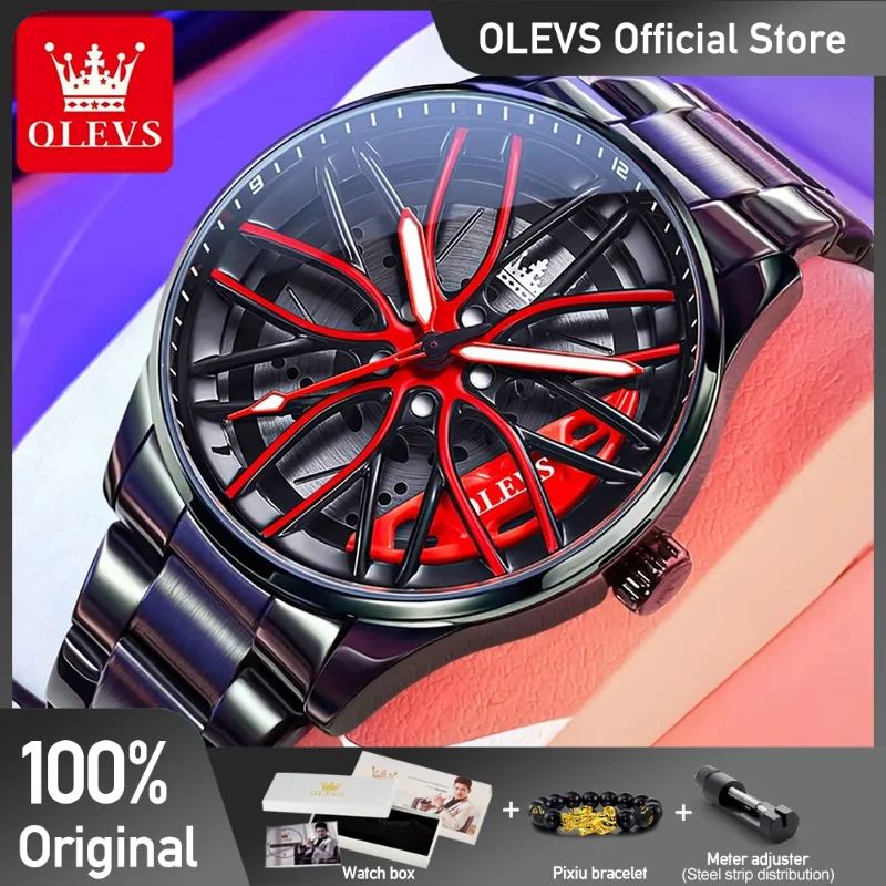 OLEVS 9937 Mens Watch Original Rotatable Wheel Hub Dial Fashion Trend Quartz Watch Waterproof Luminous Stainless Steel Reloj