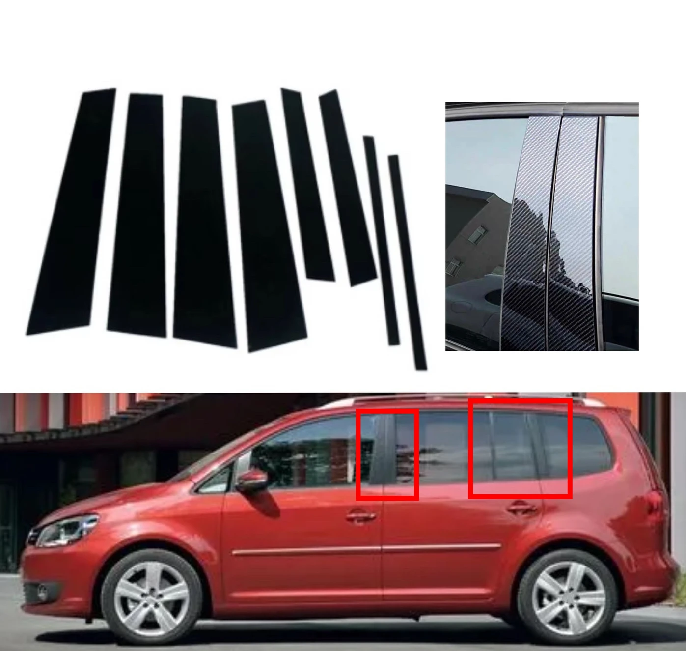 

8PCS Gloss Black Pillar Post Silver Pillar Fit For Volkswagen Touran 1T 2004-2015 Door Window Trim Cover B C Column Sticker