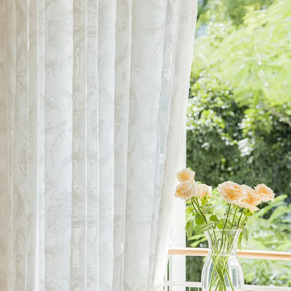 Customized Feather Jacquard Flocking White Screen Window Screen Curtains for Floating Window Living Room French Window Balcony