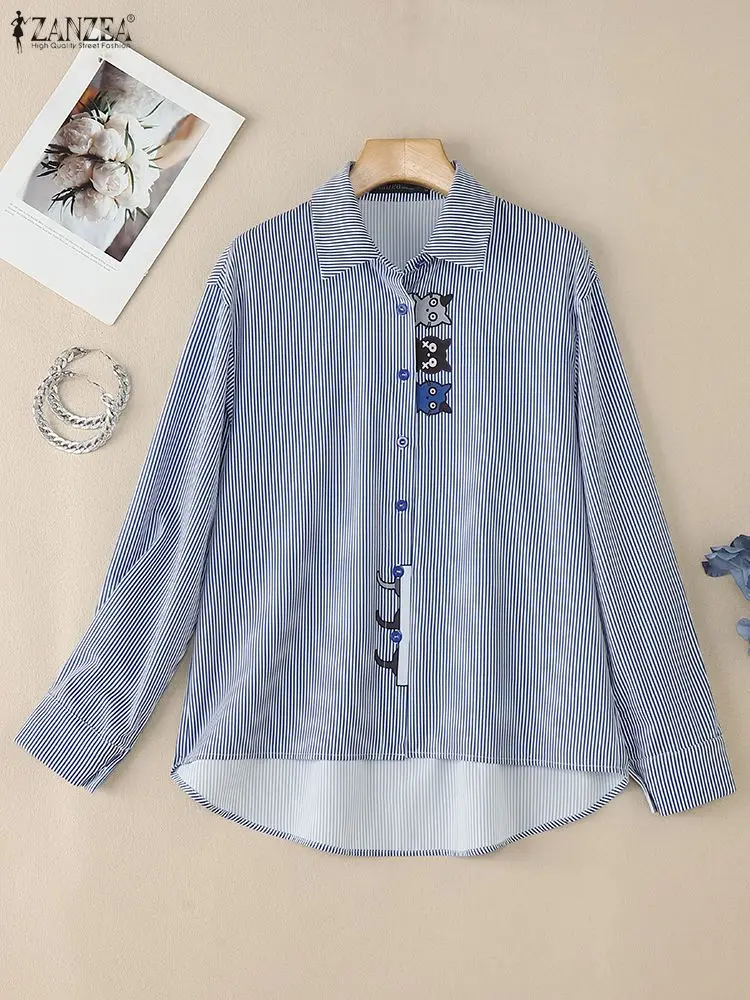 ZANZEA Mode Gestreiften Shirts Frauen Elegante Langarm Katze Drucken Patchwork Casual Bluse Herbst Tunika Tops Vintage Weibliche Blusa
