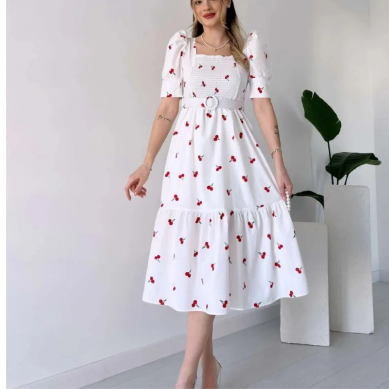 

Fashion printing temperament women's waist U-neck dress simple and versatile elegant holiday style high-end dress