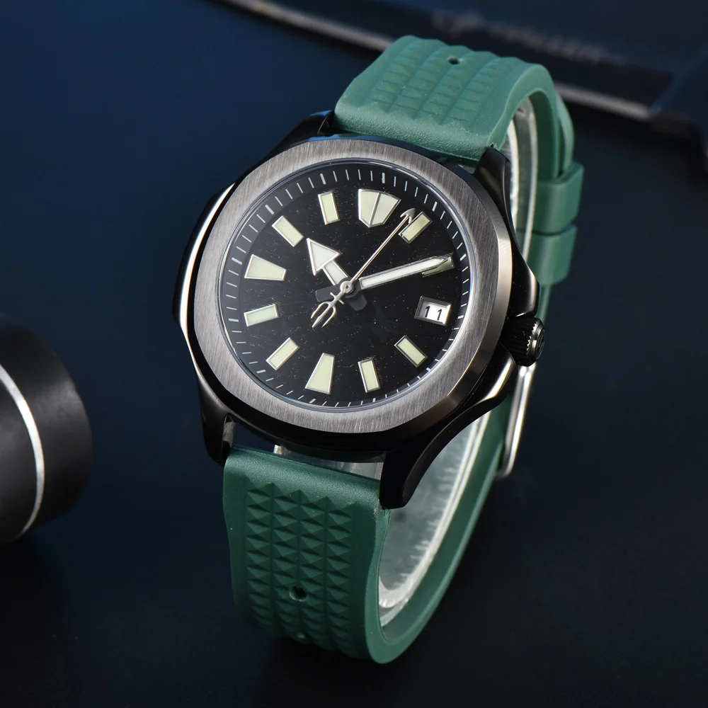 

Мужские спортивные водонепроницаемые часы с PVD-черным корпусом, ночные часы Superluminova, зеленый силиконовый ремешок, сапфировый механизм NH35A