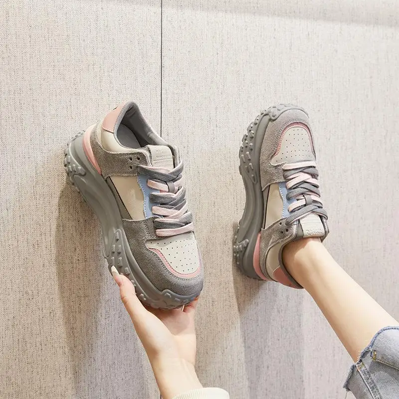 

Women's Sport Shoes Student Style Thick Bottom Heightening Dad Casual Flat Heel PU Leather Cotton Lined round Toe Slip-On