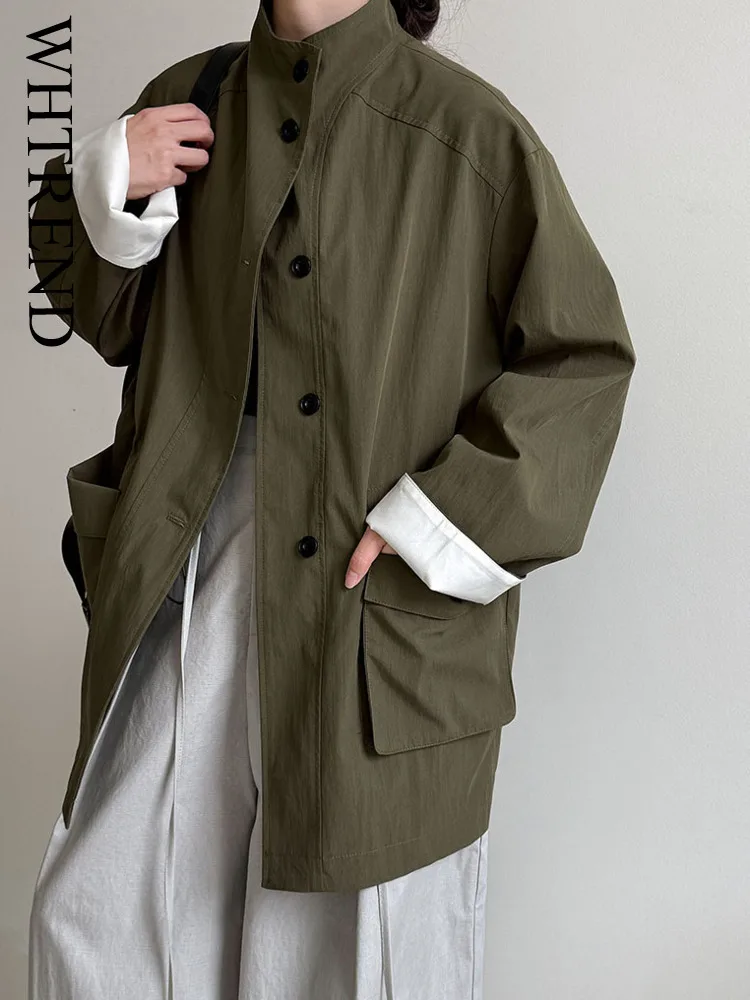 

WHTREND Korean Style Mid-Length Stand Collar Loose Drawstring Trench Coat For Women Autumn New Large Pocket Design Jacket WH1088