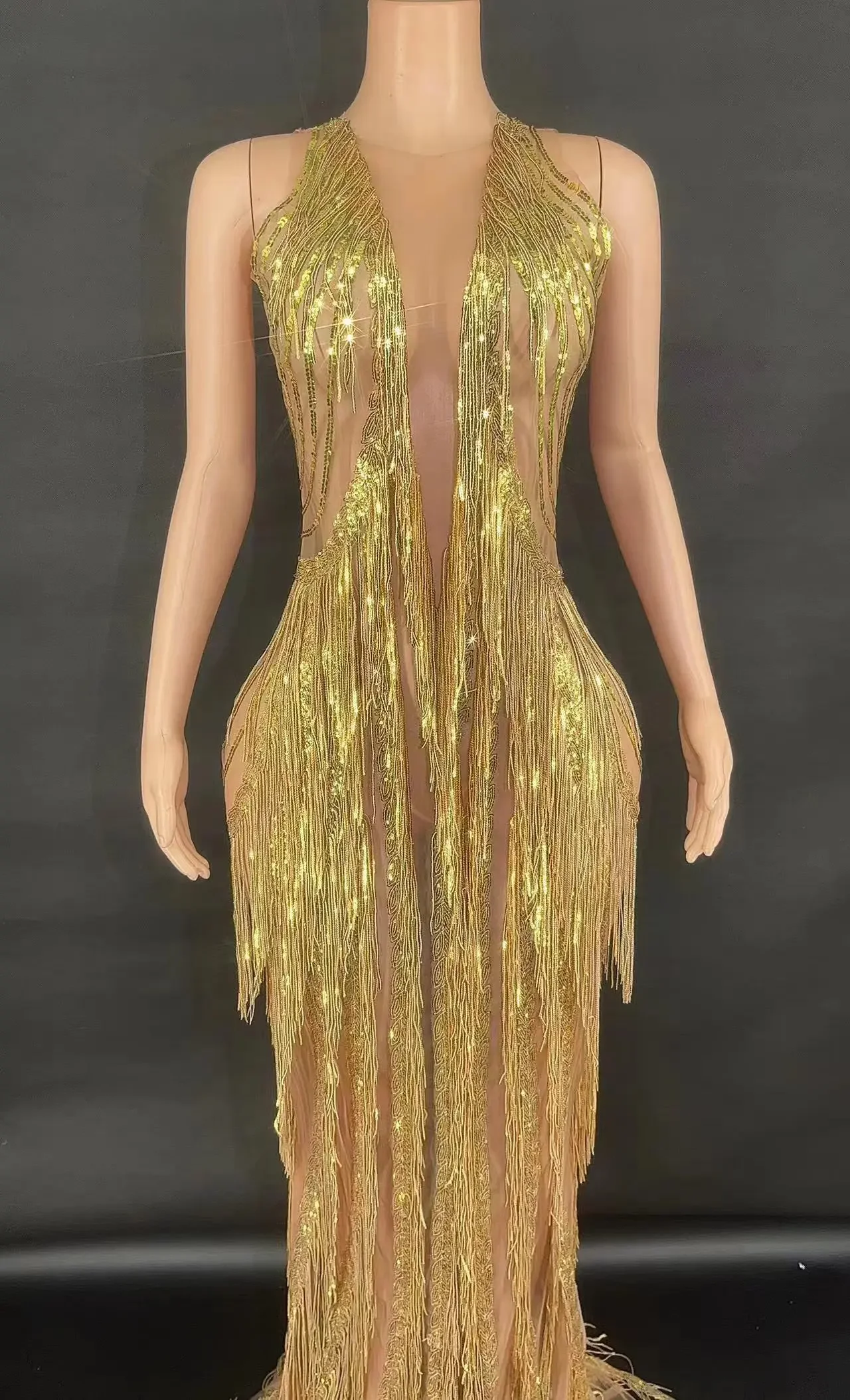 Birhthday Dress Festival Outfit sequin tassel sexy mesh See through party performance Latin pole dance drag queen clothing