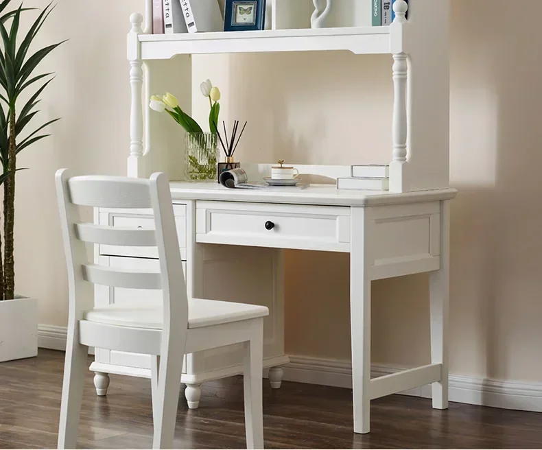 A  New Arrivals American rural Mediterranean pastoral Korean all solid wood white cream style desk bookshelf combination