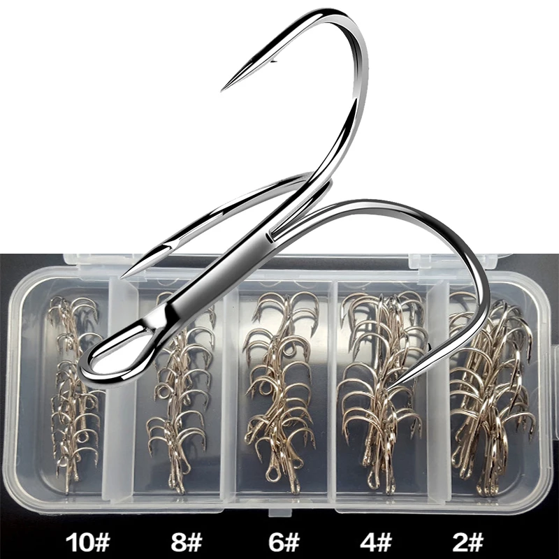 Brand New 50Pcs/lot Treble Fishing Hook In box High Carbon Steel Barbed  Hooks Fishing Tackle Round Bend Silver Fish Hook