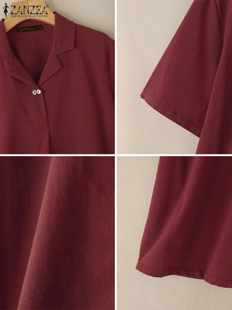 ZANZEA Casual ผู้หญิงเสื้อสีทึบ Breathable Turn-Down COLLAR วันสวมใส่ Basic เสื้อผ้าฝ้ายครึ่งแขนฤดูร้อน Blusas Mujer