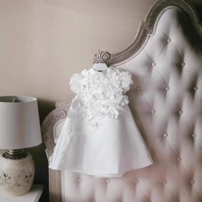 Kids Girls White Princess Party Dress Puffy Pageant Gown Host Performance Recital Tulle Flower Girl Wedding Children Birthday