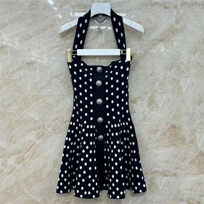 Womens dresses 2024 Summer New Dot Print Hanging Neck Dress Elastic knitted slim sleeveless mini skirt Metal button Long dress