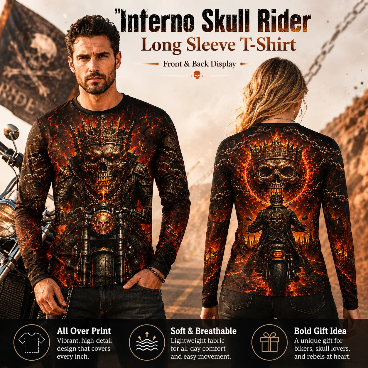 New Inferno Skull Rider Long Sleeve T Shirt 3D All Over Print Unisex Biker Graphic Tee Streetwear Motorcycle Gift Men Women