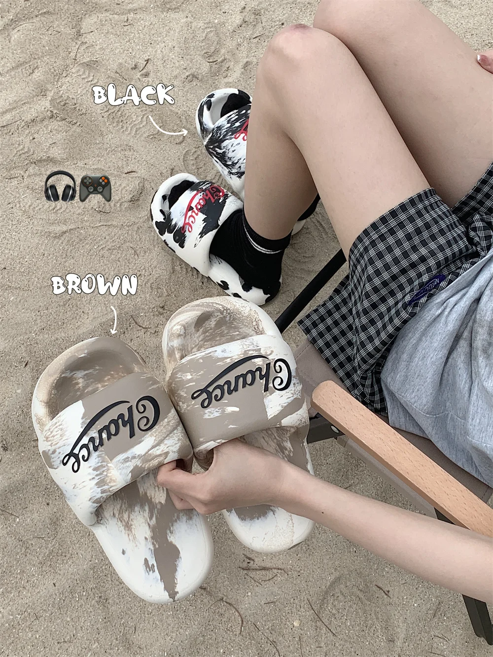 Couples Thick Sole Cool Slippers For Men And Women Summer Outwear Fashion High Street Black And White Letters Print Slipper