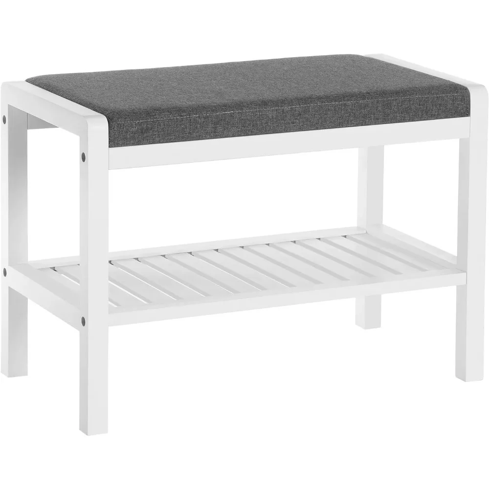 

Shoe rack bench with cushion upholstered padded seat, storage shelf, shoe organizer, holds up to 350 lb, ideal for entryway