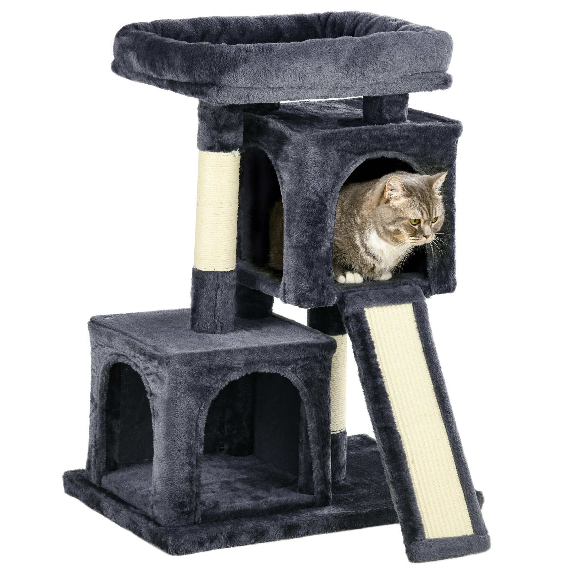 PawHut Albero per Gatti con Colonne in Sisal Grigio Scuro