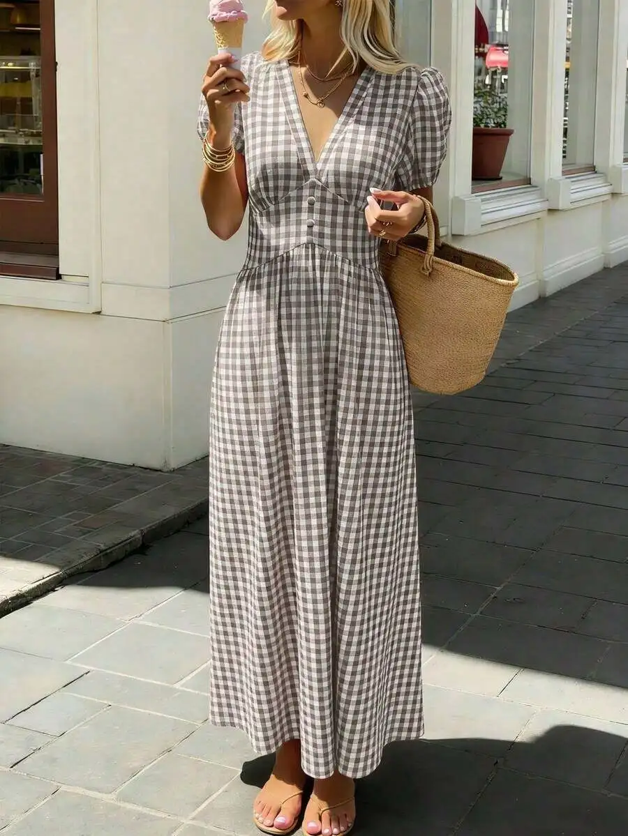 

Women V-Neck Puff Sleeve Plaid Midi Swing Dress With Cinched Waist