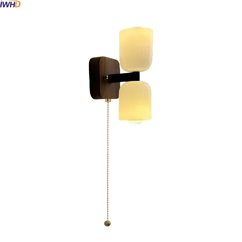 

IWHD 2 Heads Nordic LED Wall Lamp Sconce 220v White Glass Walnut Wood Modern Simple Bathroom Mirror Stair Light Lampara Pared