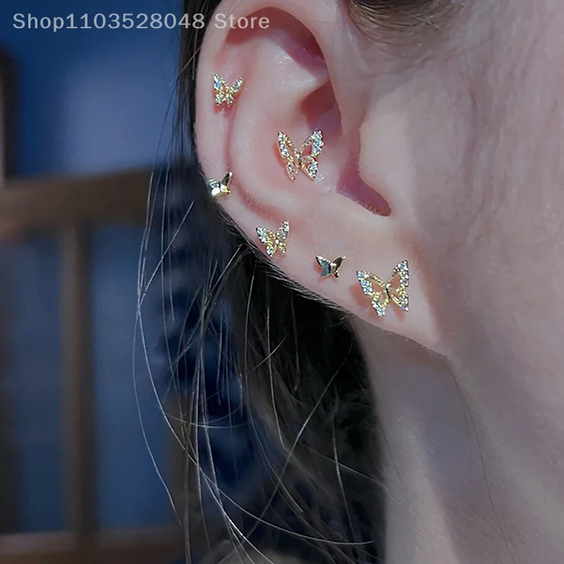 6Pcs/set Simple Crystal Stud Earring Set Butterfly Zircon Earrings Ear Bone Studs Party Wedding Engagement Jewelry Accessories