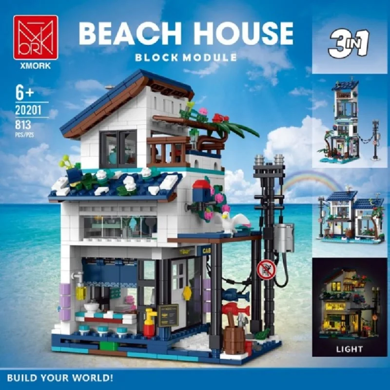 Klemmbausteine Strandhaus 3in1 mit LED Modulare Bausteine Strandvilla Stadtansicht Apartment Laden Architektur Ziegelstein-Modellbausatz Jungen Spielzeug Erwachsene Kinder Geschenk 831 Teile