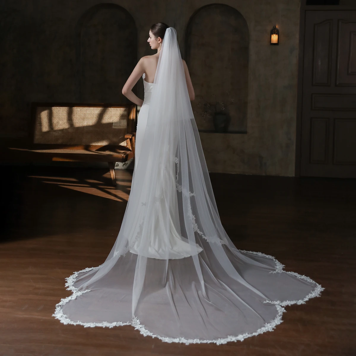 V867 Wedding Handmade Cathedral Bridal Veil 2-T Soft Tulle Lace Appliqued Edge Bride to Be Long White Headdress Veil