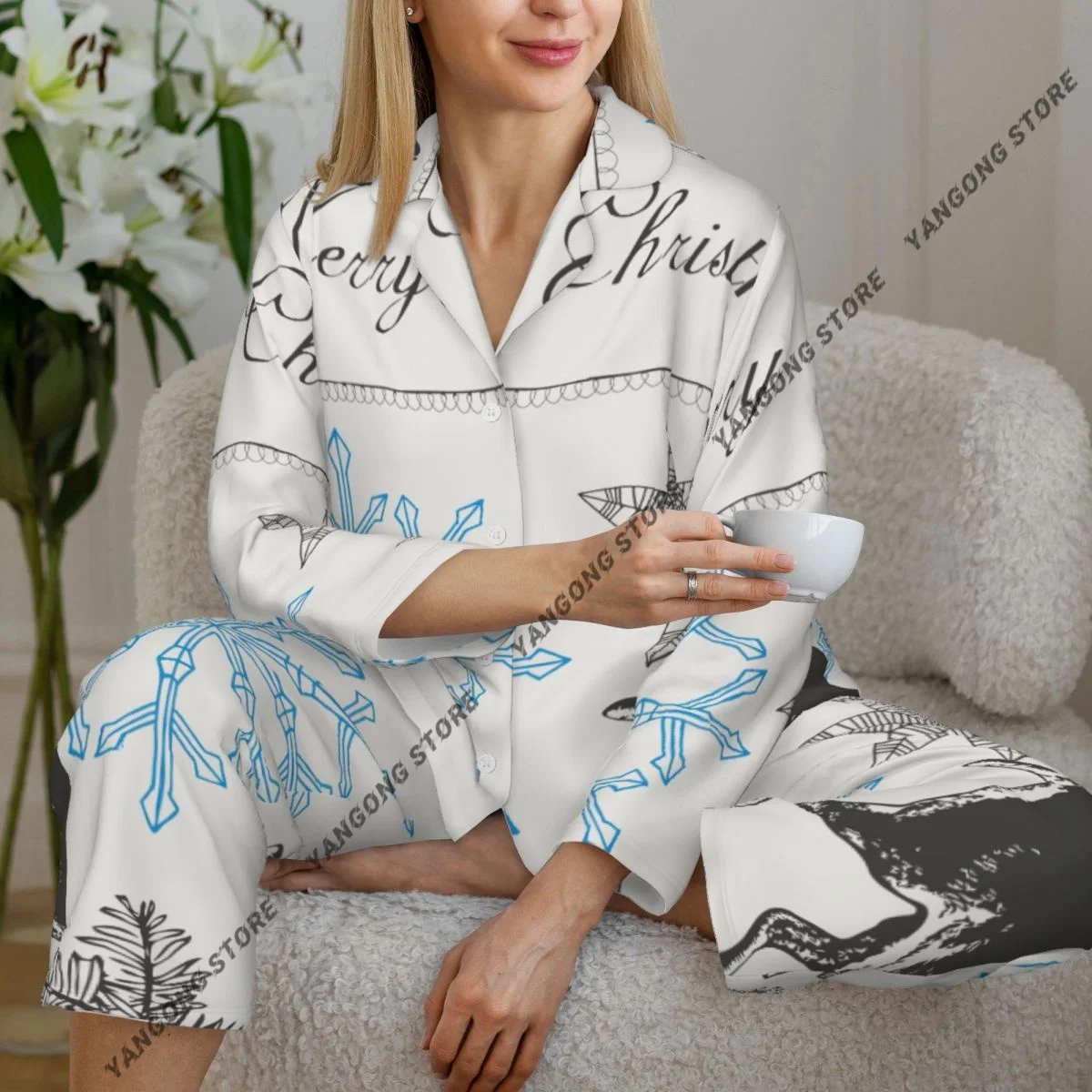 

Spring and Autumn Pajama Set Women's Long Sleeve Pants Two Piece Christmas Deers And Snowflakes Home Furnishing Set