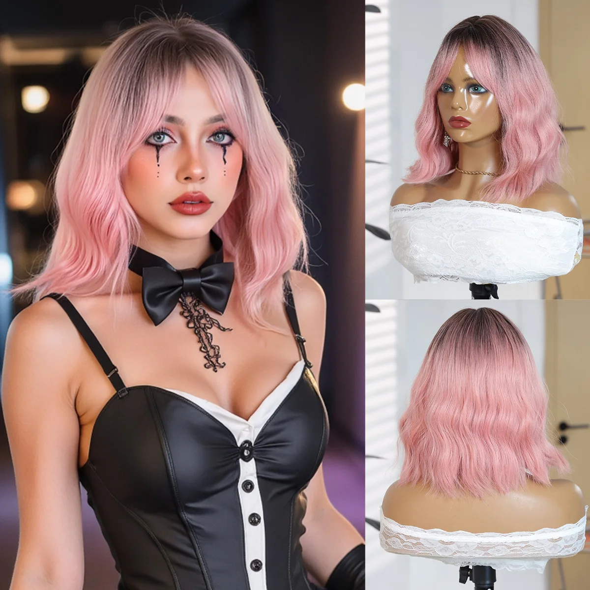 

12 inch pink gradual change short curly hair chemical fiber wig rose breathable mesh high temperature silk medium split slanted