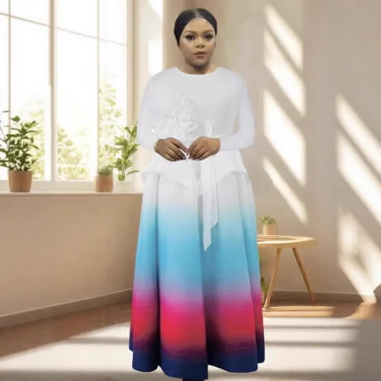 ミヤケプリーツツーピースセット グラデーションフルスリーブ エレガントトップス + フォールドAラインスカート レディース 2025新作 高級パーティードレス