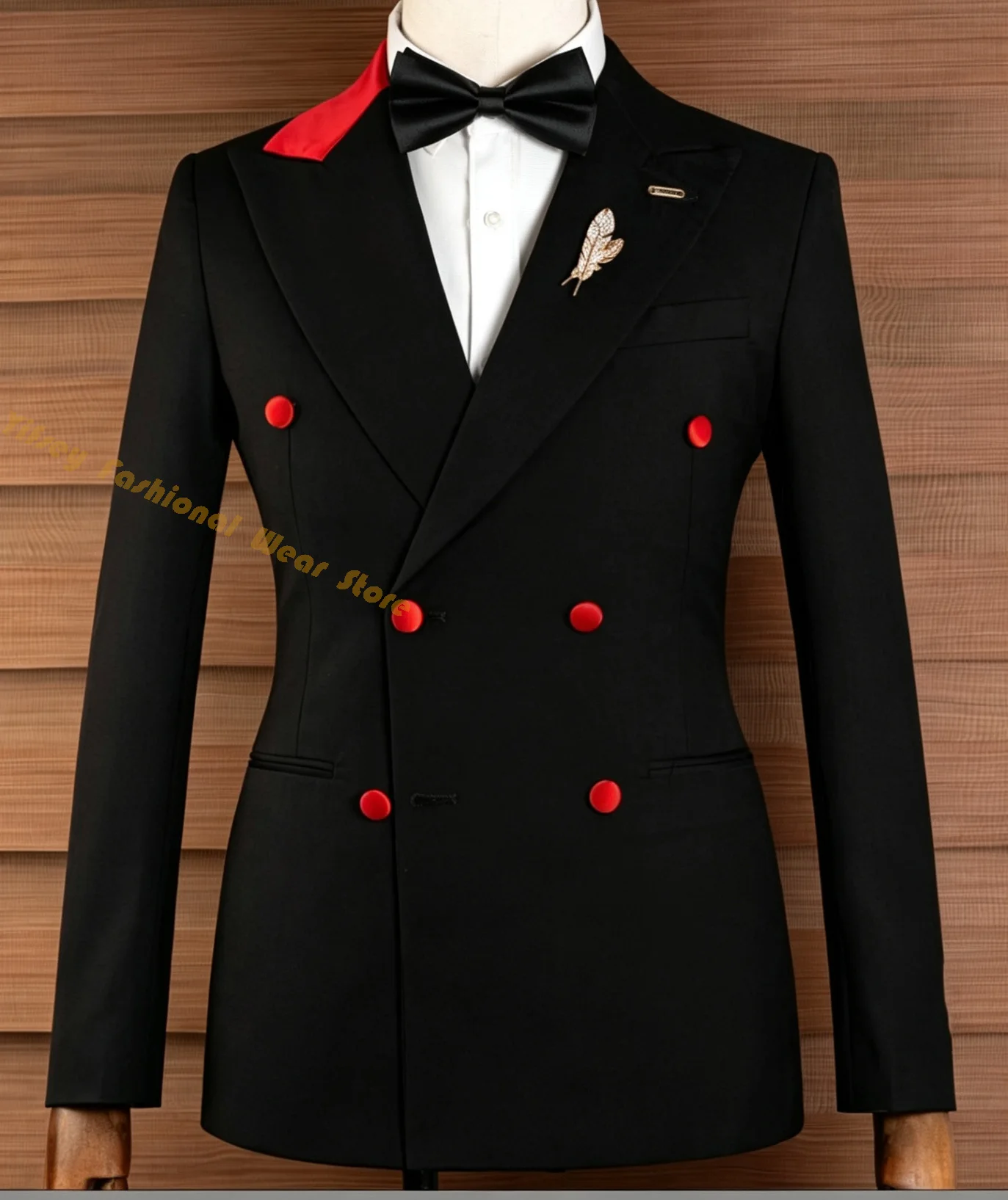 

Black And Red Spliced Collar Double Breasted Jacket Pants Tailored Blazer Trousers Men Suits Custom Coat Outfits Groom Clothing
