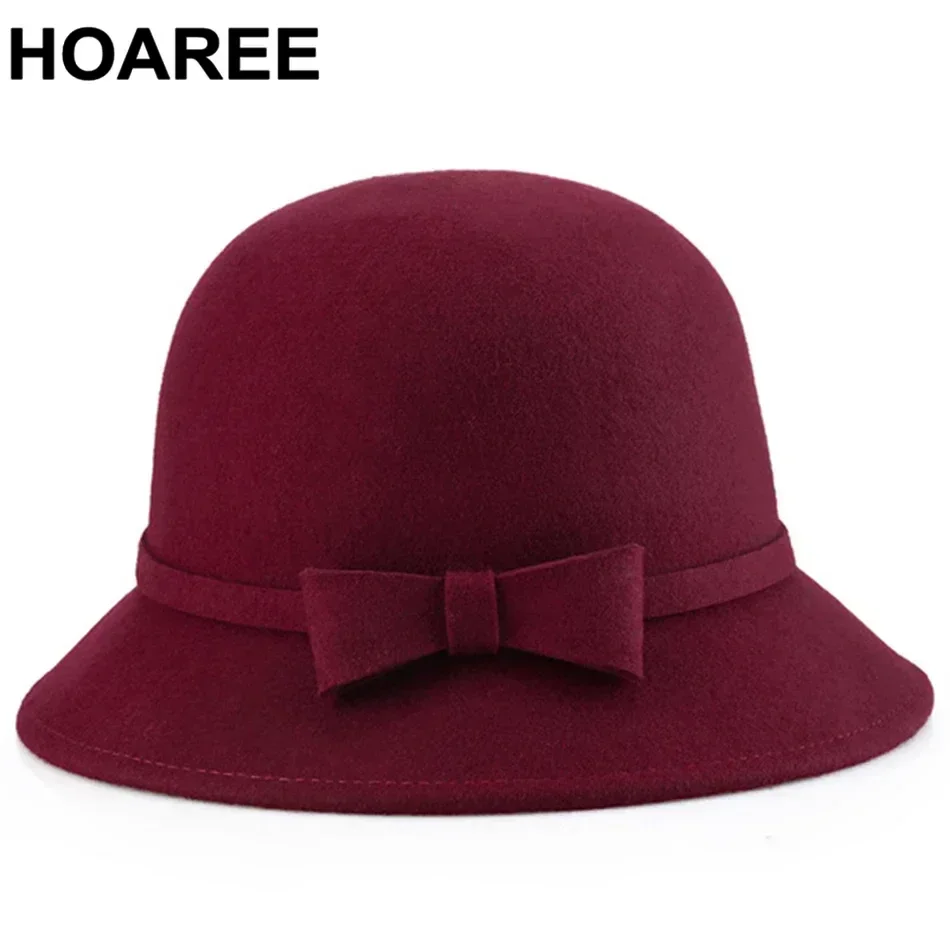

HOAREE Burgundy Wool Fedora Hat Women Elegant Ladies Felt Hat Bow Winter Female British Style Vintage Bucket Hat Gray Black
