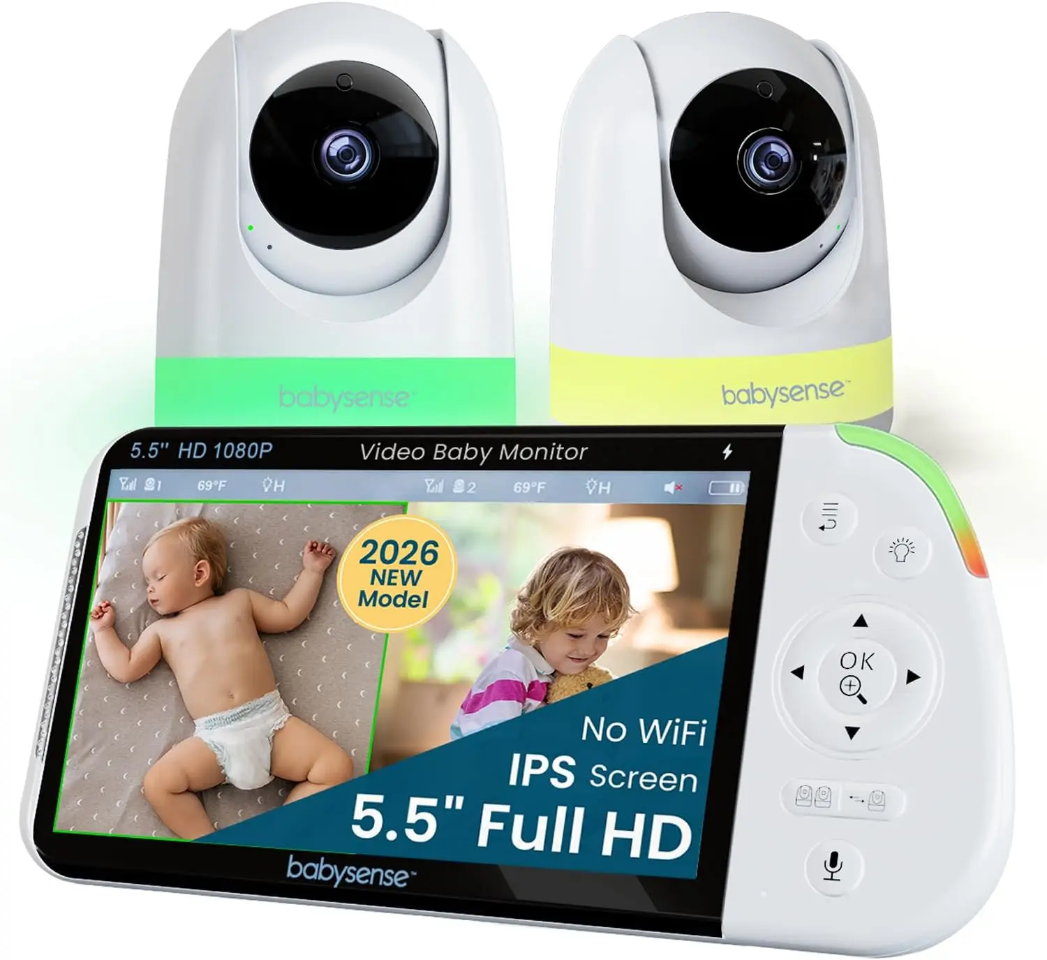 

Full HD 5.5" Split Screen Baby Monitor with 2 Cameras, Night Light, White Noise, 20-Hour Battery, Secure Non-WiFi