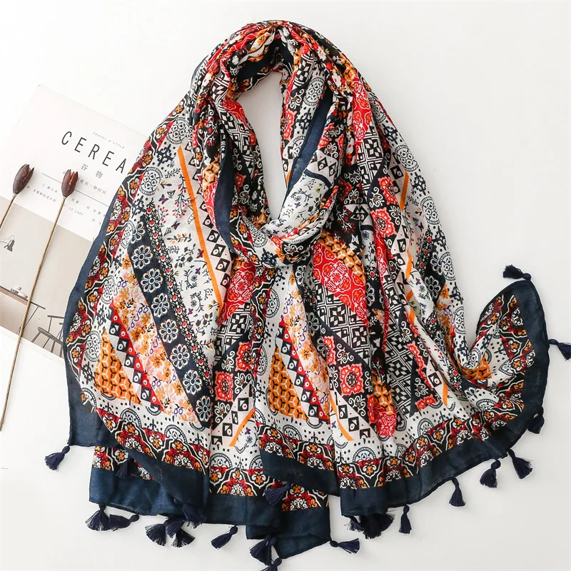 

2023 New Beautiful Geometry Pattern Tassel Scarves Shawls Long Cotton Beach Wrap Hijab Free Shipping